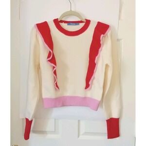 New Ella Blue Women Knit Sweater Multi Color Red Pink Cream Ruffle Accents US M